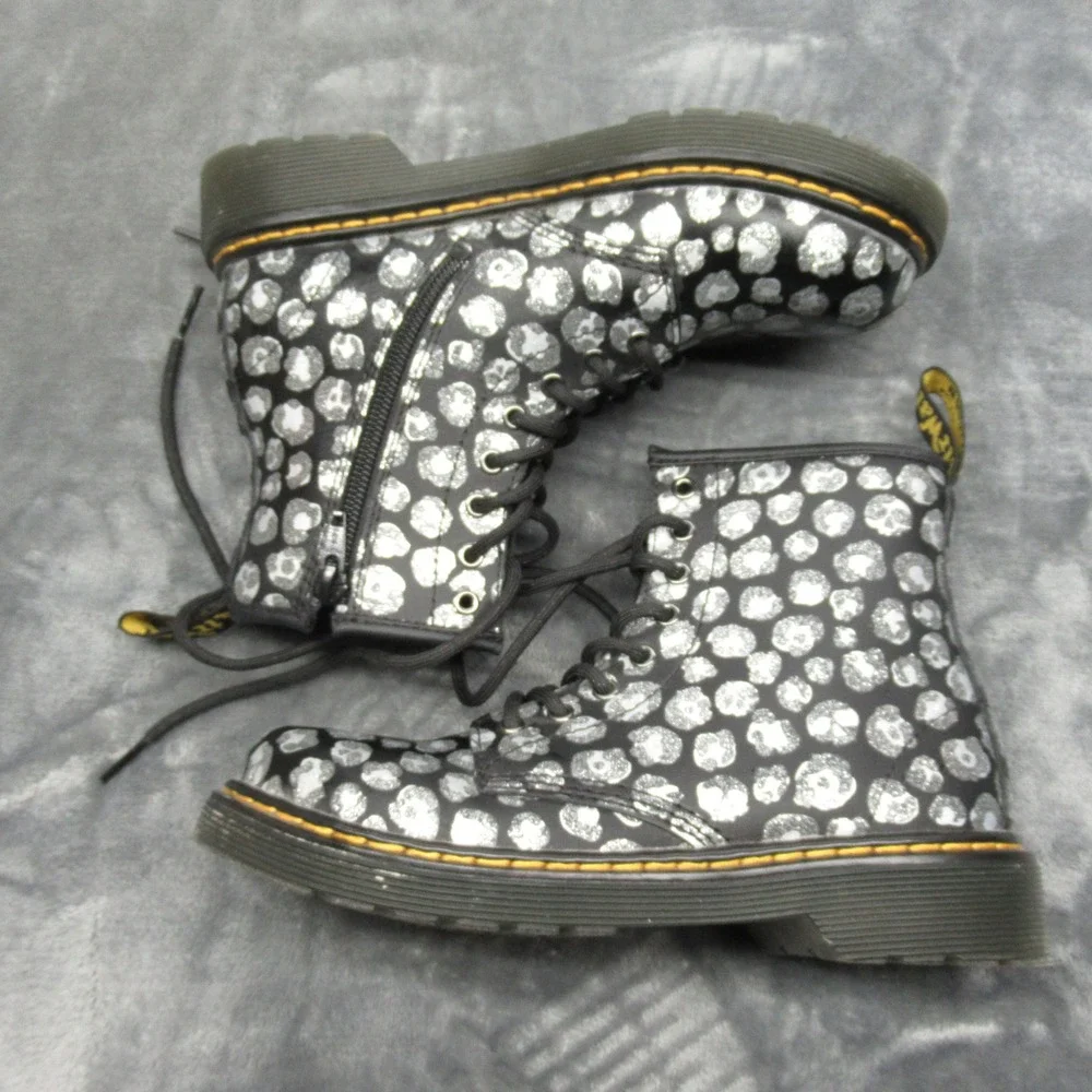 Dr. Martens Boots Youth 2 Silver Metallic Leopard Print Leather Side Zip Lace-Up